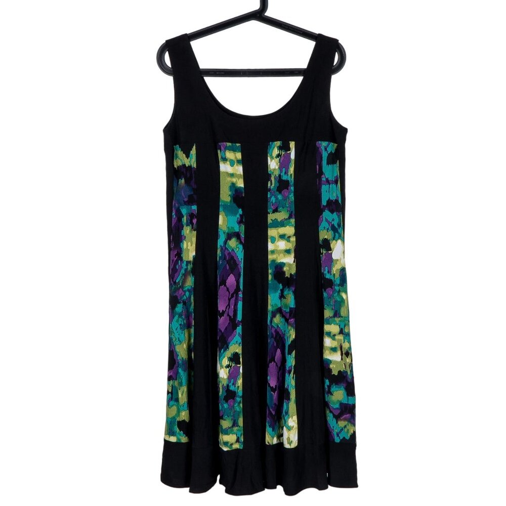 R&M Richards Shift Dress 8 Womens Twirl Sleeveless Black Green Purple Panels